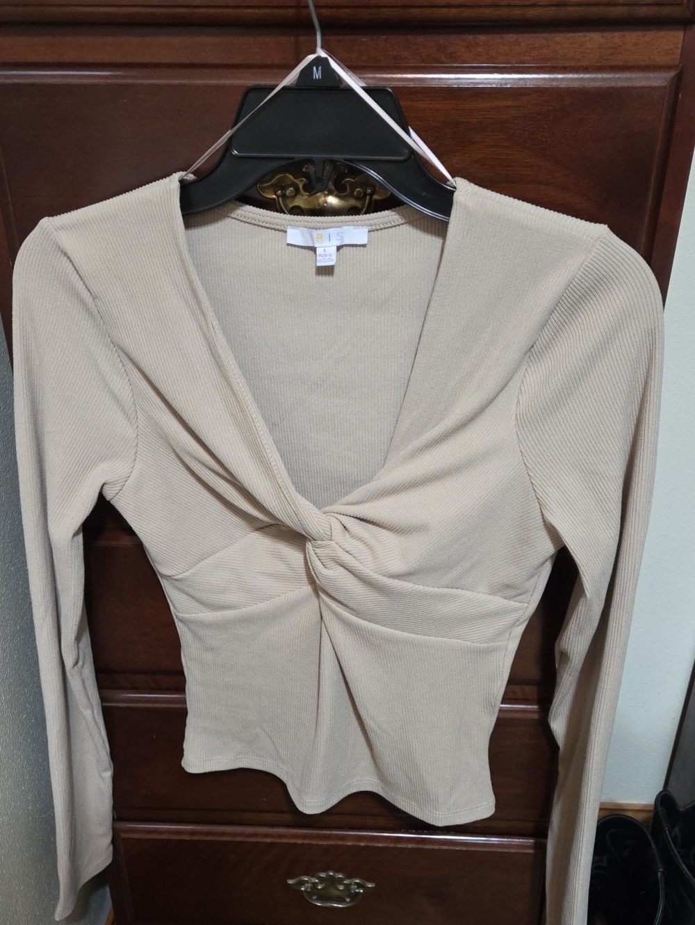 iris Beige Ribbed V-Neck Twist-Front Sweater